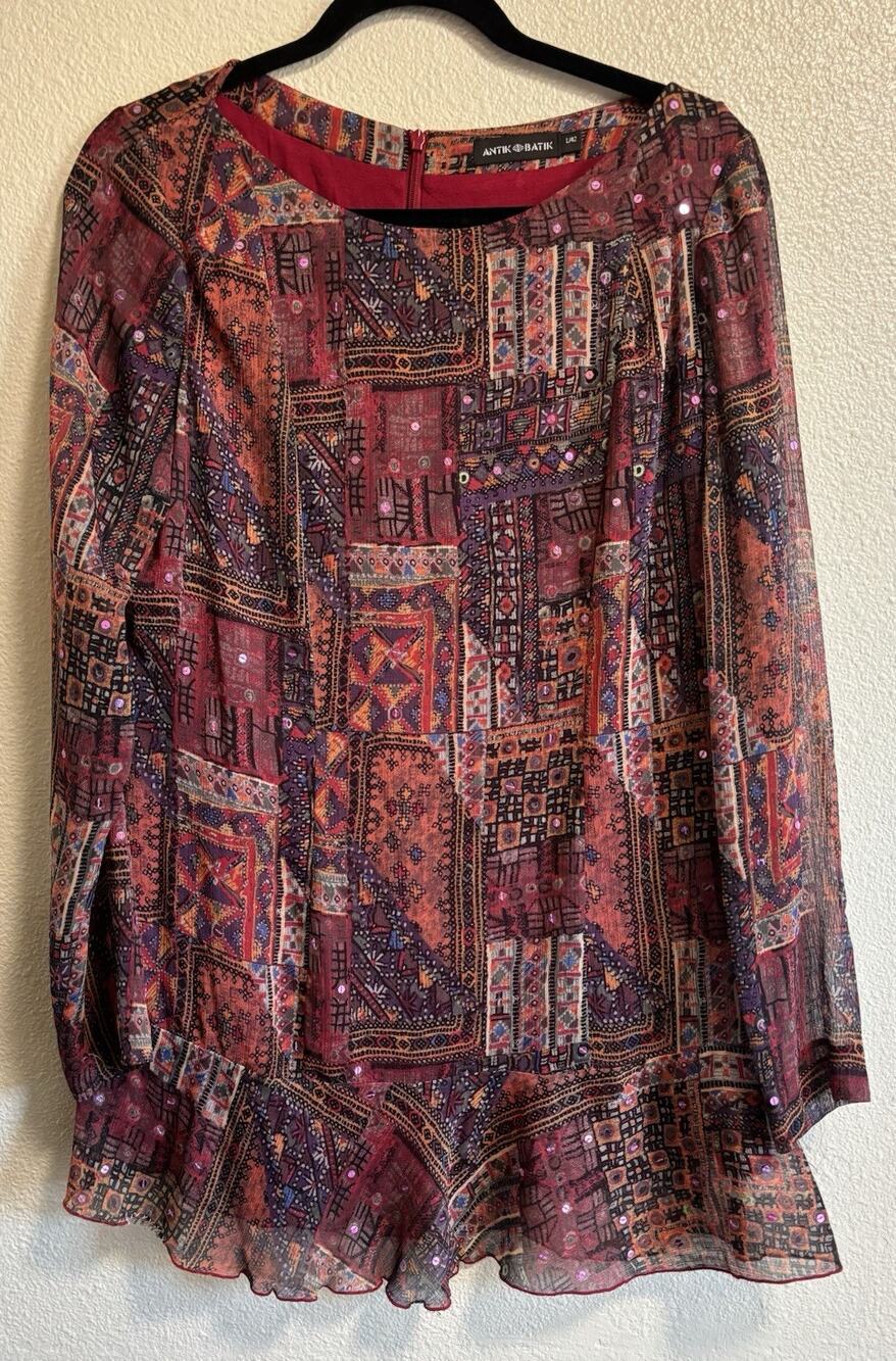 Antik Batik Tunic Blouse Bohemian Patchwork Ruffle Hem Lined Red Boho Size L/42